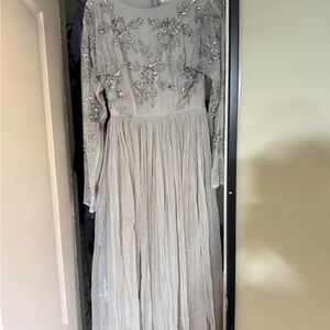 Embellished Long Sleeve Heather Grey Evening Gown